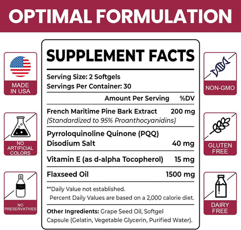 French Maritime Pine Bark Extract 200 mg, Unique Dual-Delivery for Maximum Absorption, Premium Pycnogeno with PQQ for Vascular & Heart & Joint Fun...
