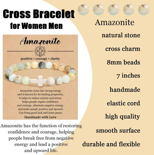 COLOYAN Christian Cross Beaded Bracelet Religious Cross Bracelet 8mm Natural Stone Healing Stretch Bracelets for Women Men...