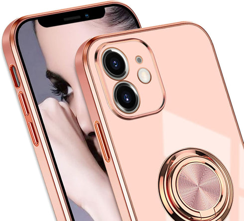 Omorro for Pink iPhone 11 Case for Women Ring Holder, Built-in 360 TPU Rotation Kickstand Rings Cases with Stand Glitter Plating Rose Gold Edge Wo...