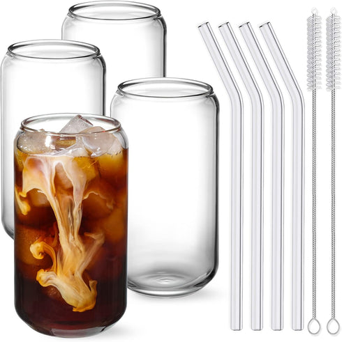 NETANY Drinking Glasses with Glass Straw 4pcs Set - 16oz Can Shaped Glass Cups for Beer, Iced Coffee, Tumbler Cup for Whiskey, Soda, Tea, Water, G...