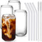 NETANY Drinking Glasses with Glass Straw 4pcs Set - 16oz Can Shaped Glass Cups for Beer, Iced Coffee, Tumbler Cup for Whiskey, Soda, Tea, Water, G...