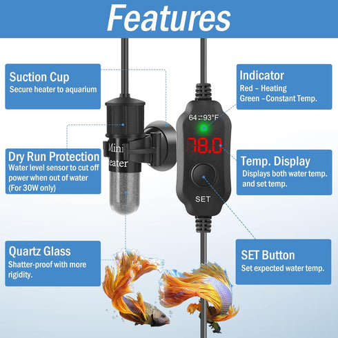 Super Mini Aquarium Heater 10W Betta Heater Adjustable Submersible Fish Heater Small Fish Tank Heater Turtle Heater with Digital Display Thermosta...