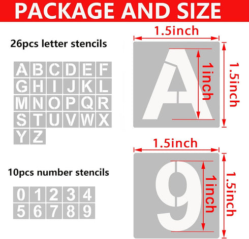 1.5 Inch Letter Stencils and Numbers, 36 Pcs Alphabet Art Craft Stencils, Reusable Plastic Art Craft Stencils for Wood, Wall, Fabric, Rock, Signag...