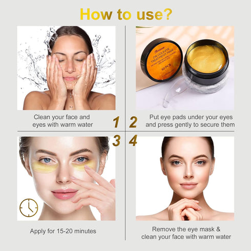 Fivewan 24k Gold Under Eye Patches - 60 Pcs Eye Mask Pure Gold Anti-Aging Collagen Hyaluronic Acid Under Eye Mask for Removing Dark Circles, Puffi...