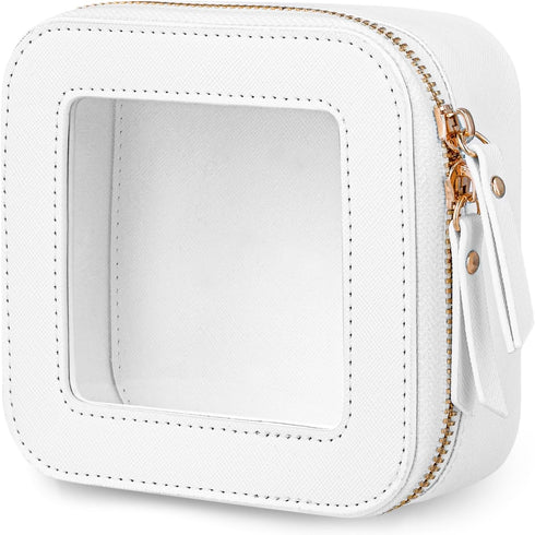 Mini Clear Makeup Bag - White Leather Makeup Pouch for Travel & School, Small Toiletry Bag for Purse & Backpack, Waterproof Square Organizer with ...