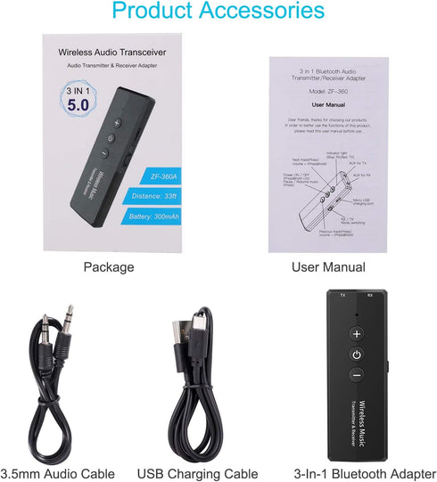 Upgraded Bluetooth 5.3 Transmitter 3-in-1, Portable Wireless Rechargeable Transceiver Adapter for TV PC, Stereo Audio Receiver for Car Speaker Sys...