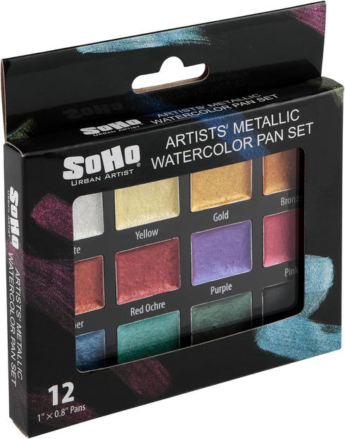 Soho Urban Artist Metallic Watercolors Set – 12 Vibrant Metallic Half Pans in Travel Case – Professional Shimmer Watercolor Paint Set for Artists,...