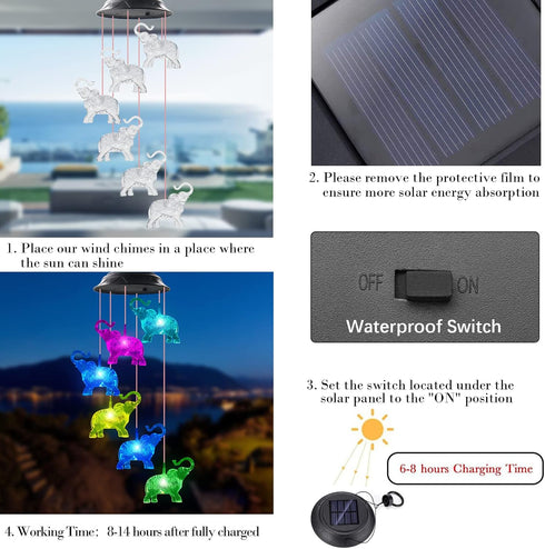 Elephant Waterproof LED Solar Powered Memorial Wind Chimes with Lights, Housewarming Gifts for Garden Outdoor Patio Yard Lawn Decor...