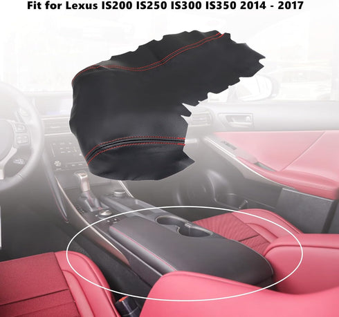 SecosAutoparts Leather Center Console Lid Armrest Cover Compatible with Lexus IS200 IS250 IS300 IS350 2014 2015 2016 2017 Black Leather Red Stitch...