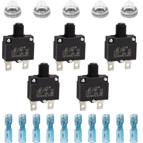BlueStars 5 Packs 12Amp Thermal Circuit Breaker 125/250V AC 32V DC - Overload Protector with Push Button Manual Reset, Quick Connect Terminals, Wa...