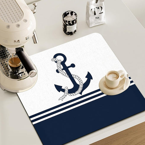 Nautical Dish Drying Mat - Nautical Anchor Absorbent Dish Drying Mat for Kitchen Counter, Coffee Bar Mat, Coffee Maker Mat for Countertops, Dish R...