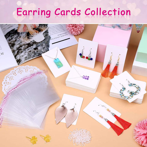 Anezus White Earring Packaging Kit - 400 Pcs with Display Cards, Self-Sealing Bags, Earring Backs & Necklace Cards...