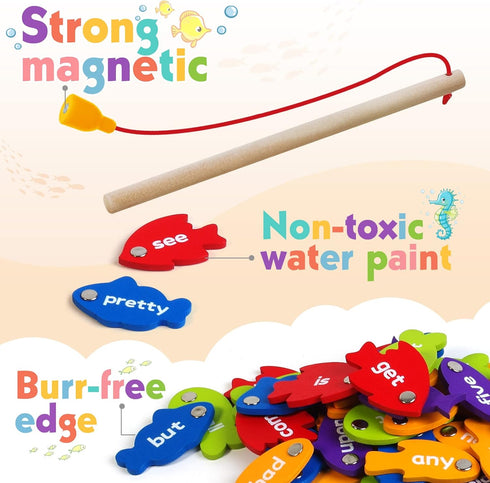 SpringFlower Wooden Magnetic Sight Word Fishing Game, Sight Word Educational Toy for Age of 3,4,5,6 Year Old Kids, Boys & Girls,Homeschool,Visual,...