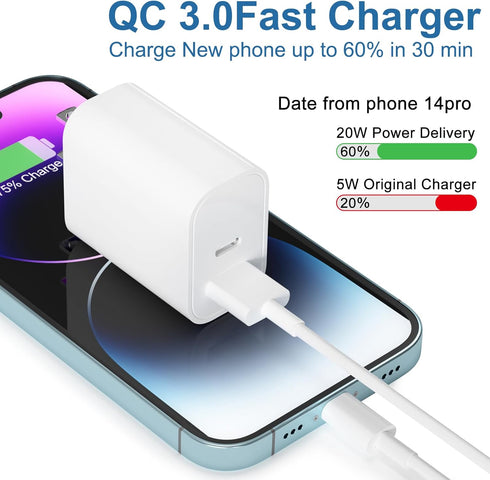 Phone Charger 3Pack 20W Dual Port QC + PD 3.0 Power Adapter PD Fast Wall Charger Block with 1 * 3FT&2 * 6FT C to C Cables Compatible with Phone 15...