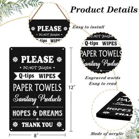 WhatSign Septic System Bathroom Signs 8"x12" Do Not Flush Q-tips Wipes Paper Towels Feminine Sanitary Products Signs Guest Bathroom Essentials Rul...