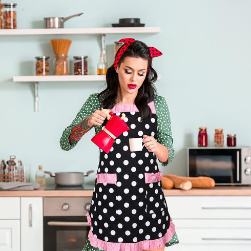 Violet Mist Vintage Apron for Women, Pink Polka Dot Retro Stylish Apron with Pockets, Adjustable Neck Strap...