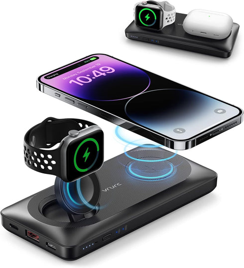 VRURC Wireless Portable Charger, 10000mAh Magnetic Power Bank, 3 in 1 Charger, 22.5W Fast Charing Battery Pack, 3 inputs 4 outputs Compatible with...