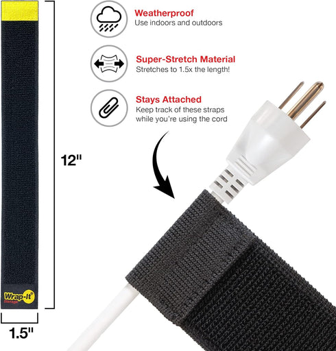 Selfie Straps by Wrap-It Storage, 12-inch (8-Pack), Black - Stretchy Hook and Loop Cord Organizer that Stays Attached to Cord for Electrical Cable...