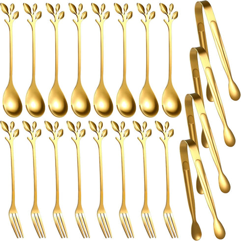 Leaf Coffee Spoons, Mini Serving Tongs and Appetizer Forks Stainless Steel Sugar Cube Tongs Dessert Spoons Metal Dinner Forks for Dessert Coffee T...