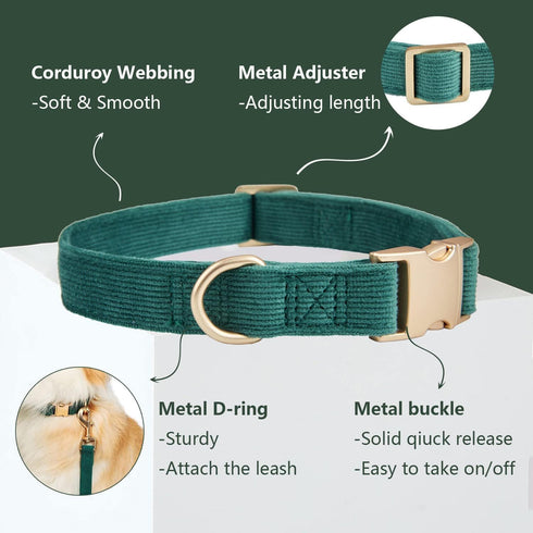 Soft Corduroy Dog Collar and Leash Set, Adjustable Cotton Dog Collars with Metal Buckle and Lead for Small Dogs,Dark Green...