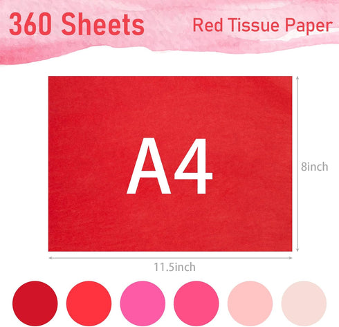 HEYPLACE 360 Sheets Red Tissue Paper for Gift Bags,11.5×8 Inch Gift Wrapping Paper Tissue Paper for Valentines Day Wedding Birthday DIY Crafts Par...