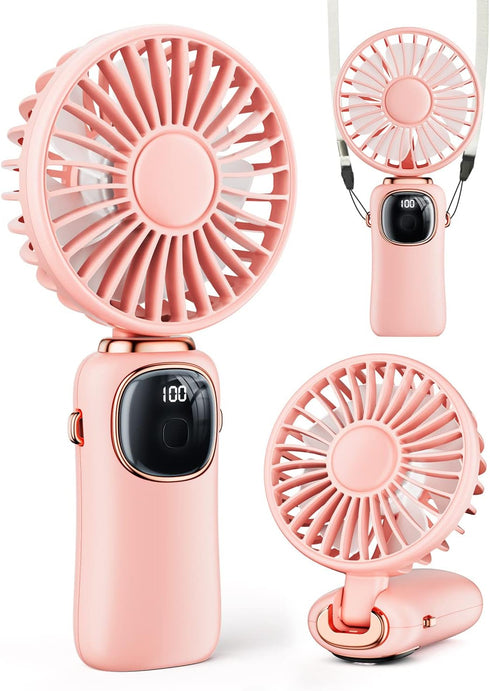 Portable Handheld Fan, 4000mAh Battery Operated Fan with LED Display, Handheld/Neck/Desk 3 in 1 Personal Small Fan, 90° Foldable Desk Fan with Bas...