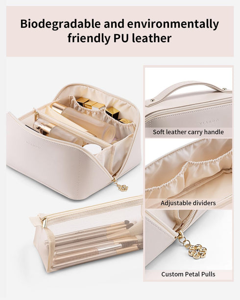 Vlando Travel Makeup Bag,PU Leather Portable Make up Bag Toiletry Bag for Women Open Flat Makeup Organizer with Divider and Handle White...