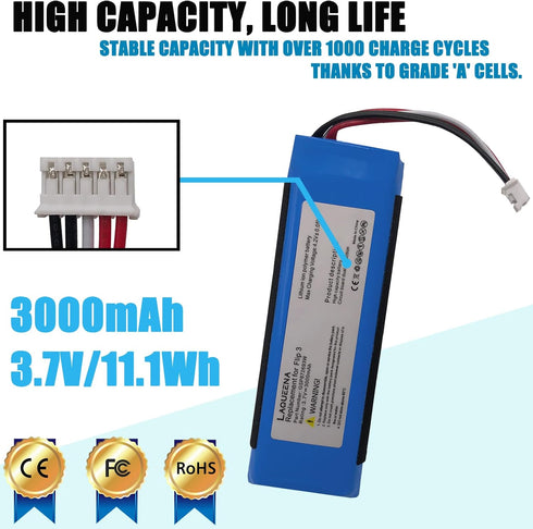 GSP872693W 3000mAh Battery Compatible with JBL Flip 3 Waterproof Bluetooth Speaker with Tools Battery Part NO Flip3 GSP872693 P763098 03 3.7V...