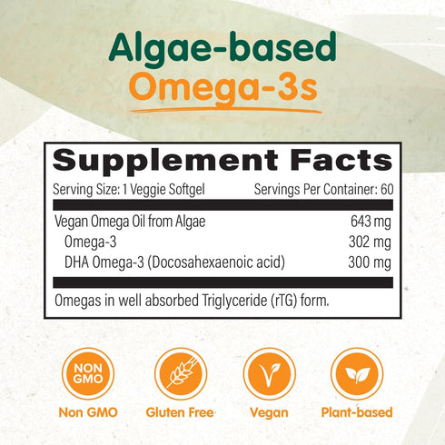 OmegaVia Vegan Omega 3 Supplement, 60 Softgels, Algae Omega 3 Fish Oil Alternative, 300mg Vegan DHA Omega-3 Fatty Acids, Plant Based, Planet and O...