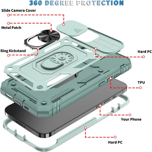 Case for iPhone 13, Shockproof Impact Resistant with Slide Lens Protective Cover Case for iPhone 13 (6.1 inch) (Grey Green)...