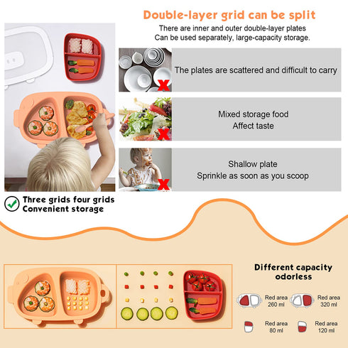 Kids Divided Plate, 3 PCS(Plate with Lid and Inner Dish), Toddler Dishes Tableware, Dishwasher-Safe for Baby Feeding Dinner Plate (Tangerine)...