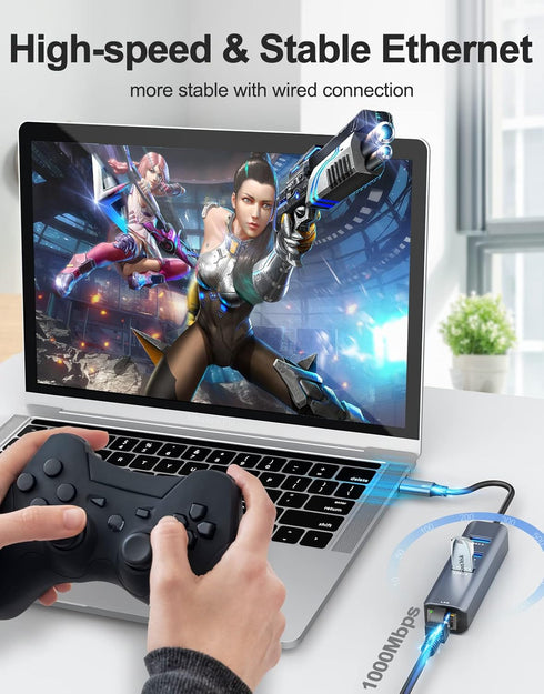 ABLEWE USB C to Ethernet Adapter, 4-in-1 RJ45 to USB-C/Thunderbolt 3 to Gigabit Ethernet LAN Network Adapter for MacBook Pro/Air 2021/2020/2019, i...