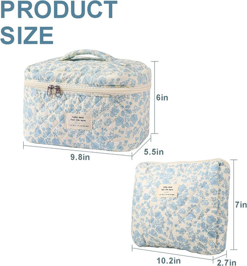 2 Pcs Cotton Quilted Makeup Bag Set, Floral Cotton Cosmetic Bag, Aesthetic Toiletry Travel Organizer Bag for Women Girls (Large+Medium)...