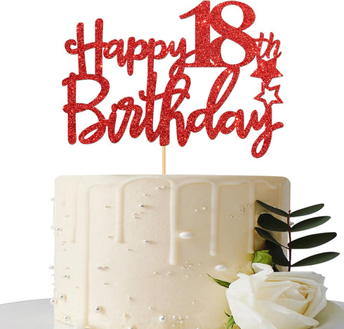 Red Glitter Happy 18th Birthday Cake Topper - Eighteen Cake Topper - 18th Birthday Party Supplies - Cheers to 18 Years Party Decorations...