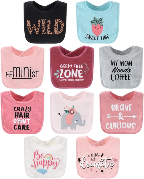The Peanutshell Terry Bib Set for Baby Girls - 10 pack for Feeding, Teething, & Drooling - Wild Child...