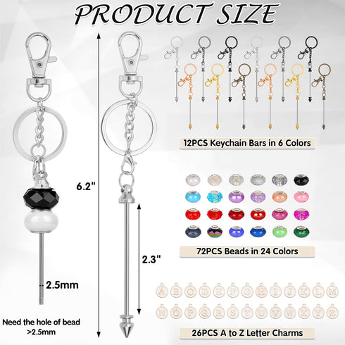 110Pcs Beadable Keychain Bar Set with Colored Beads & A to Z Letter Charms, Beadable Keychains Set Jewelry Making Supplies for DIY Keychain Making...