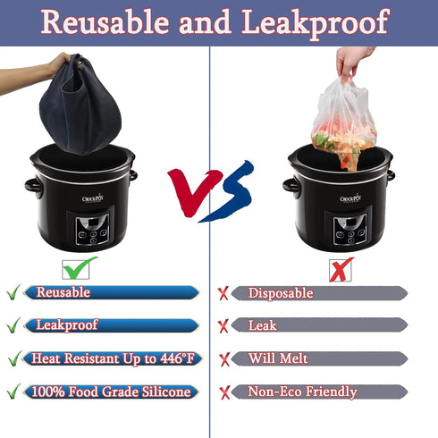 Silicone Slow Cooker Liners,Fits 6-8Quarts Crockpot Leakproof, Easy Clean Bags Liners for Round Pot or Oval (Black)...
