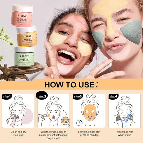 3 Pcs Clay Mask Set, Green Tea, Turmeric Vitamin C, Himalayan Clay Mask, Facial Skin Care Mask for Deep Cleansing, Soothing & Refining Pores(3.5oz...