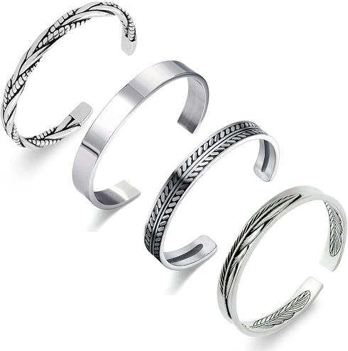 RIOSO 4Pcs Men's Cuff Bracelets Silver Cuff Bracelet Leaves Pattern Twisted Open Cuff Bracelet...