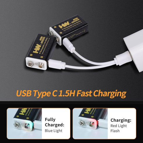 HW 9V Rechargeable Lithium Batteires, 1 Pack USB Type-c 9 Volt Rechargeable batteries, 1.5 H Fast Charge 1000 cycles with Long Last for Smoke Dete...