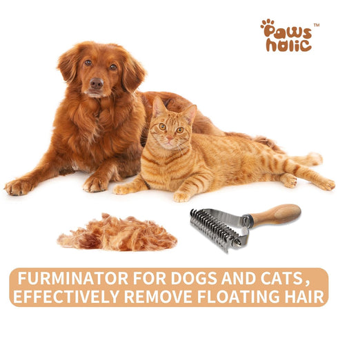 Undercoat Rake for Dogs - PAWSHOLIC Professional Pet Shedding Dematting Comb with Wood Handle, Deshedding Undercoat Brushes with Stainless Steel B...