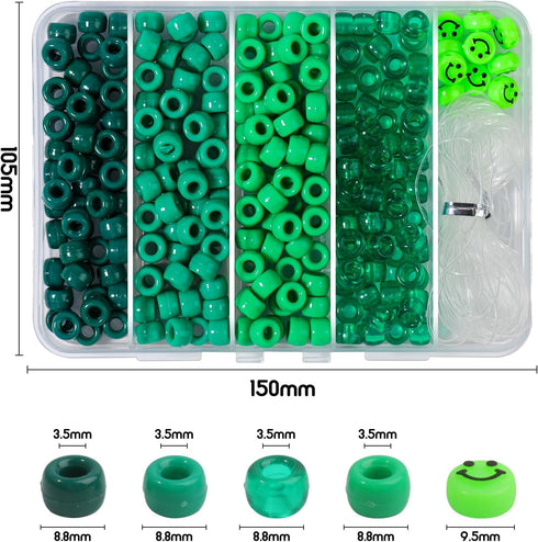 Yochus Green Pony Beads, 250Pcs 6x9mm 4 Colors Kandi Hair Beads wih 10Pcs Smiling face Beads, Friendship Bracelets Jewelry Making Kit for Teen Gir...