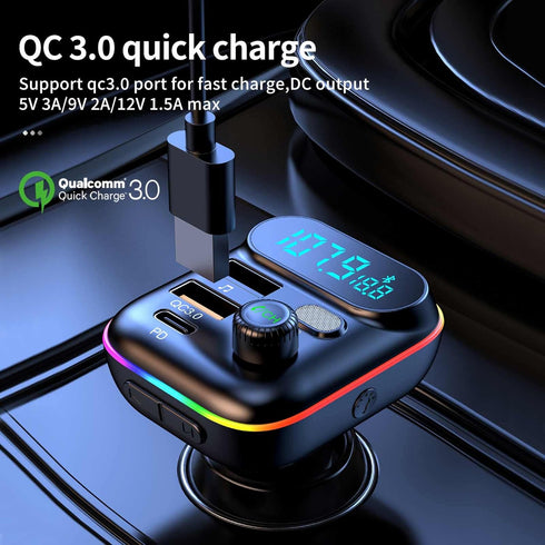 Bluetooth Adapter for Car, Wireless FM Radio Transmitter, Wireless Bluetooth 5.0, MP3 Music Player, QC3.0 + PD 20W USB Car Charger, 7 Colors LED B...