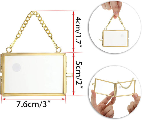 JUXYES Set of 4 Mini Brass Wall Hanging Photo Frame, Glass Hanging Picture Artwork Display Frame, Double Glass Floating Frame Style Gallery Wall F...