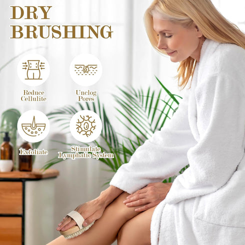 4pcs Dry Brushing Body Brush, Natural Bristle Dry Skin Exfoliating Brush Body Scrub for Flawless Skin, Cellulite Treatment, Lymphatic Drainage and...