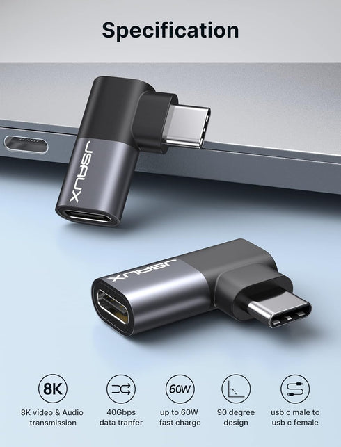 JSAUX 90 Degree USB-C Male to USB-C Female Adapter 2-Pack, 40Gbps Data Transfer PD 100W USB Type-C 3.1 Extender for MacBook, ROG Ally, Switch, Ste...