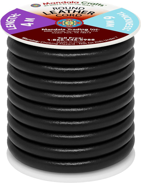 Mandala Crafts Round Cowhide Genuine Black Leather Cord for Jewelry Making Kumihimo Leather Rope Spool - Black 4.4 Yds 6mm Cording...