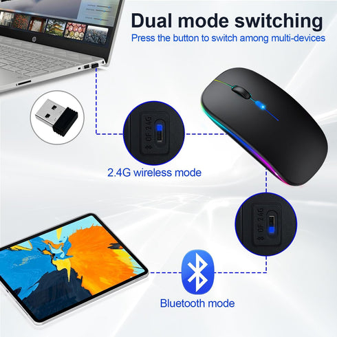 Wireless Bluetooth Mouse for iPad/MacBook Pro/Air/Laptop/pc Rechargeable Silent Mouse Portable Slim for Surface Pro/Lenovo/Samsung Tablet (LED/Bla...