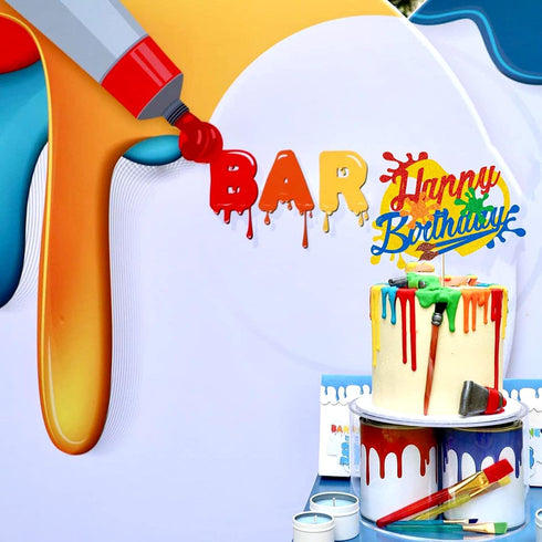Painting Cake Topper Glitter Art Brush Palette Themed Happy Birthday Cake Decoration for Girl Boy Kids Art Birthday Party Decorations (Double Side...