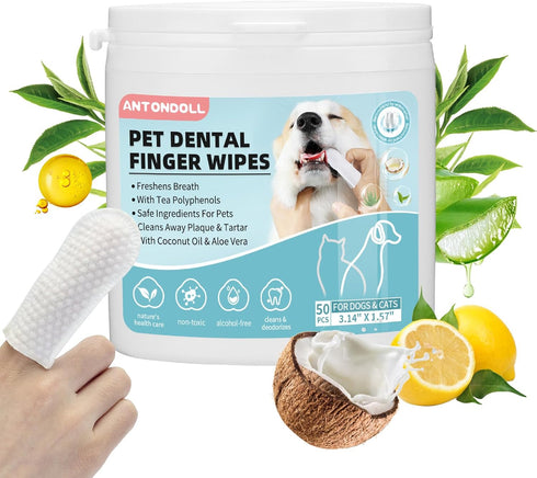 Dog Teeth Cleaning Wipes - Dog Dental Wipes Cat Tooth Brushing Kit Finger Toothbrush Care Pet Wipes Reduces Plaque & Freshens Breath 50 Counts...